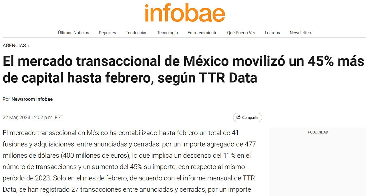 El mercado transaccional de Mxico moviliz un 45% ms de capital hasta febrero, segn TTR Data